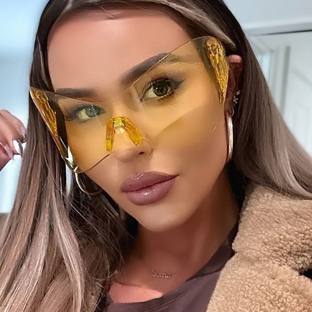 XL Oversized Duckbill Curved Wrap Rimless Shield Plastic Sunglasses Yellow Gafas